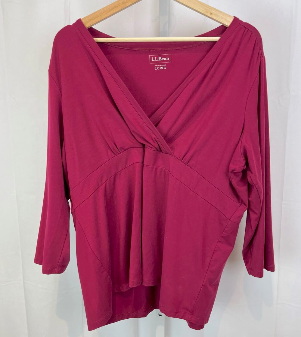L.L. BEAN 1X Plus Surplice V-Neck Knit Top 3/4 Sleeve Stretch Tencel Wine Red